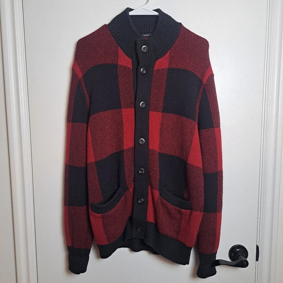 American Eagle Red Black Plaid Knit Button Up Mock Neck Cardigan Sweater Sz M - Picture 1 of 6
